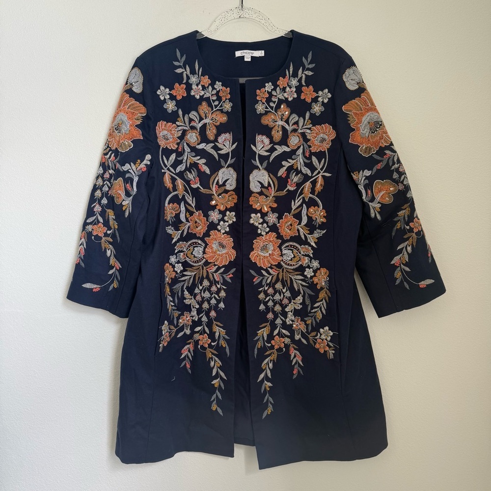 Chico's 2 US L Embellished Edge To Edge Topper Y2K Royalty Floral Embroidery